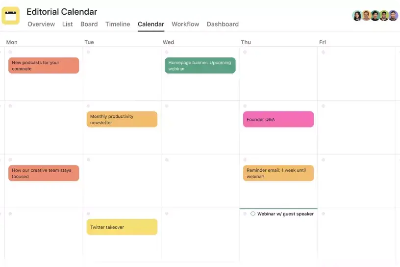 Interfaccia utente del calendario editoriale del prodotto Asana