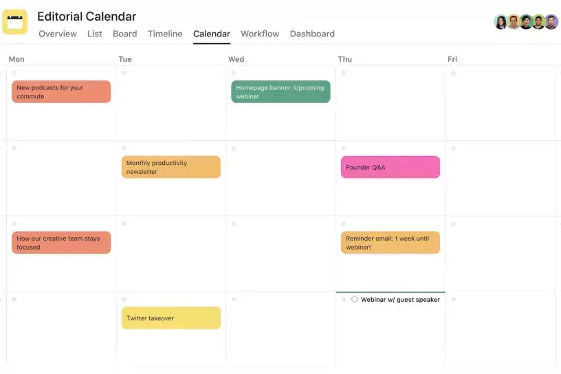 Calendrier éditorial sur Asana - Interface utilisateur produit