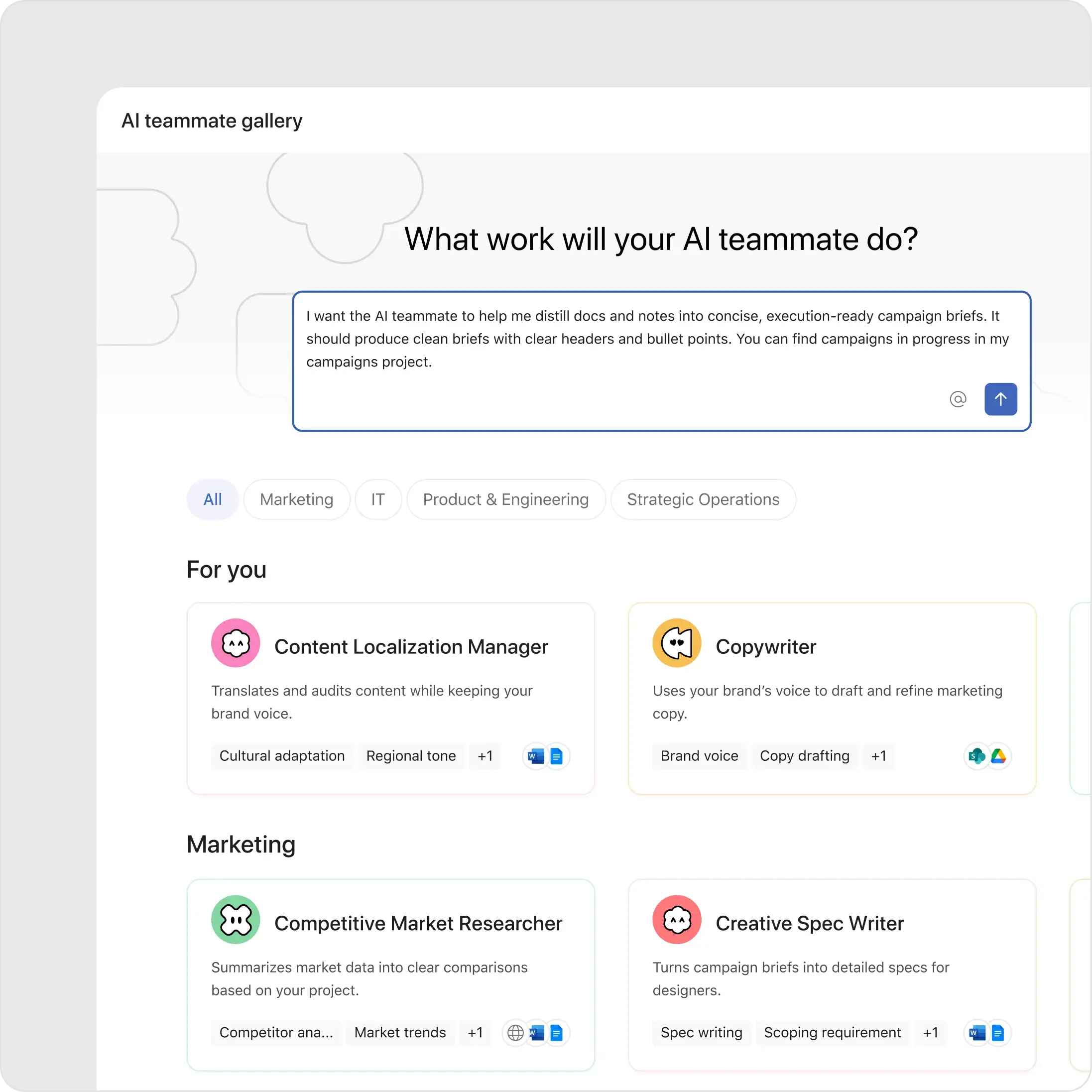 Asana AI teammate gallery interface asking "What work will your AI teammate do?" with a user prompt. Below are AI role cards like Content Localization Manager, Copywriter, and Competitive Market Researcher.