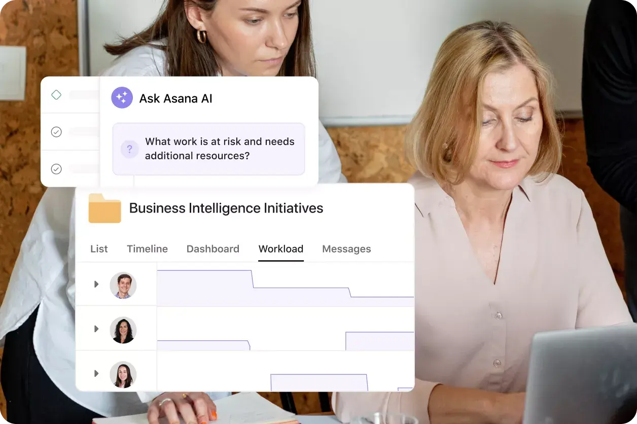 Imagem de dois funcionários usando a Asana Intelligence: interface de usuário do produto extraída da Asana