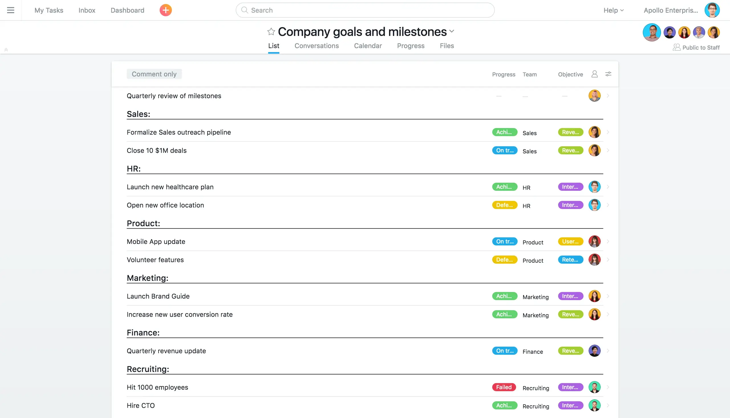 Product UI: Example company goals and milestones project in Asana.