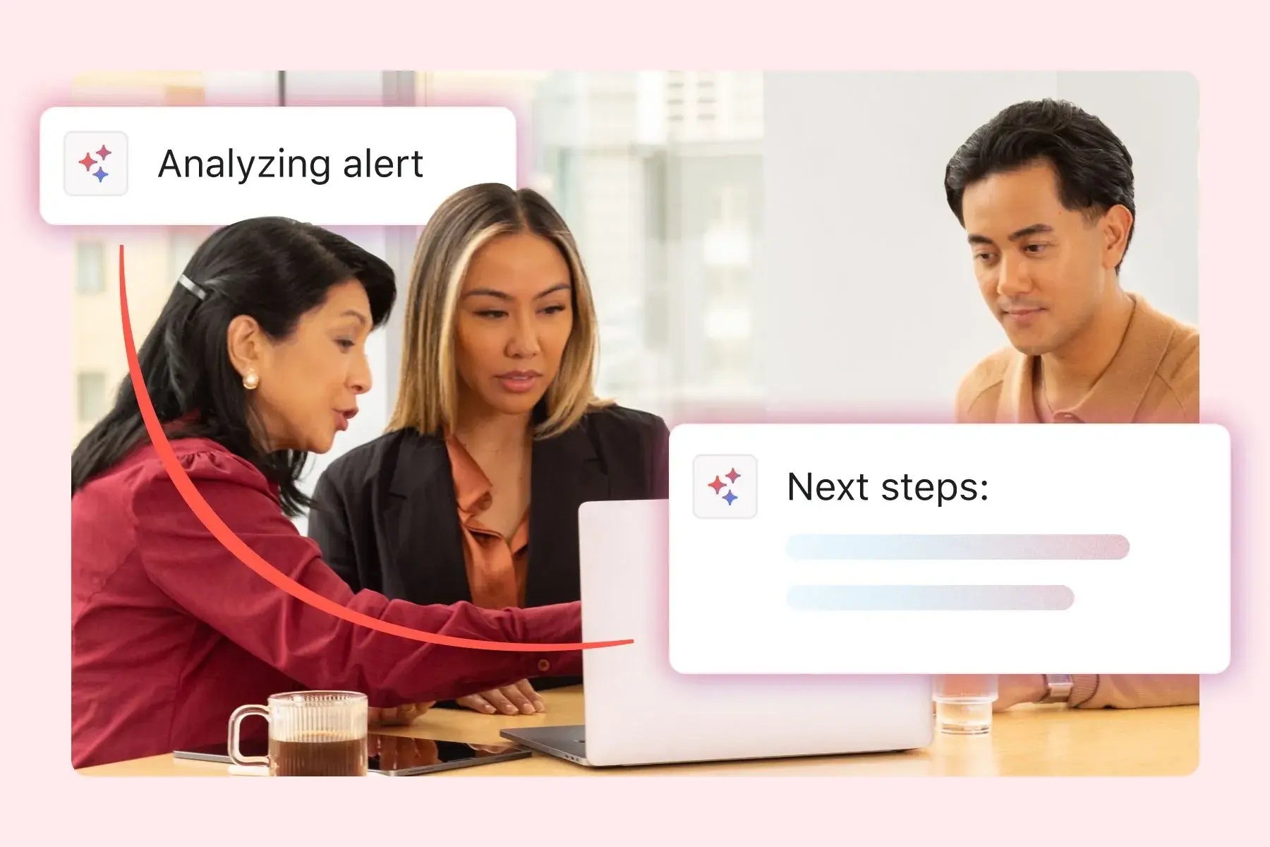 Header image that shows three people in a business environment leveraging artificial intelligence to solve security alerts