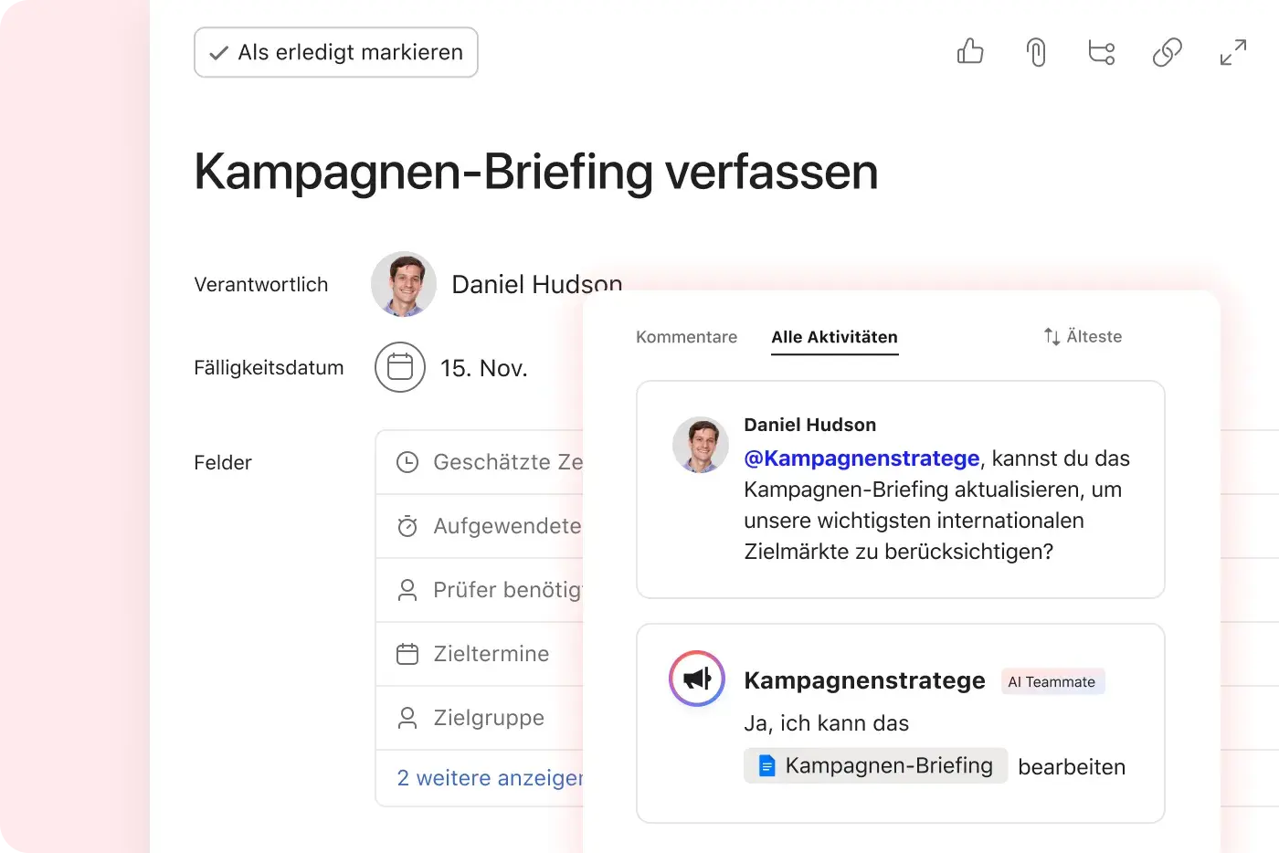 Screenshot der Asana-Oberfläche für die Aufgabe „Kampagnen-Briefing erstellen“. Sichtbar sind Verantwortliche, Fälligkeitsdatum und Kommentare, in dem ein Nutzer mit einem AI Teammate das Briefing bearbeitet und einen KI-gestützten Workflow nutzt.