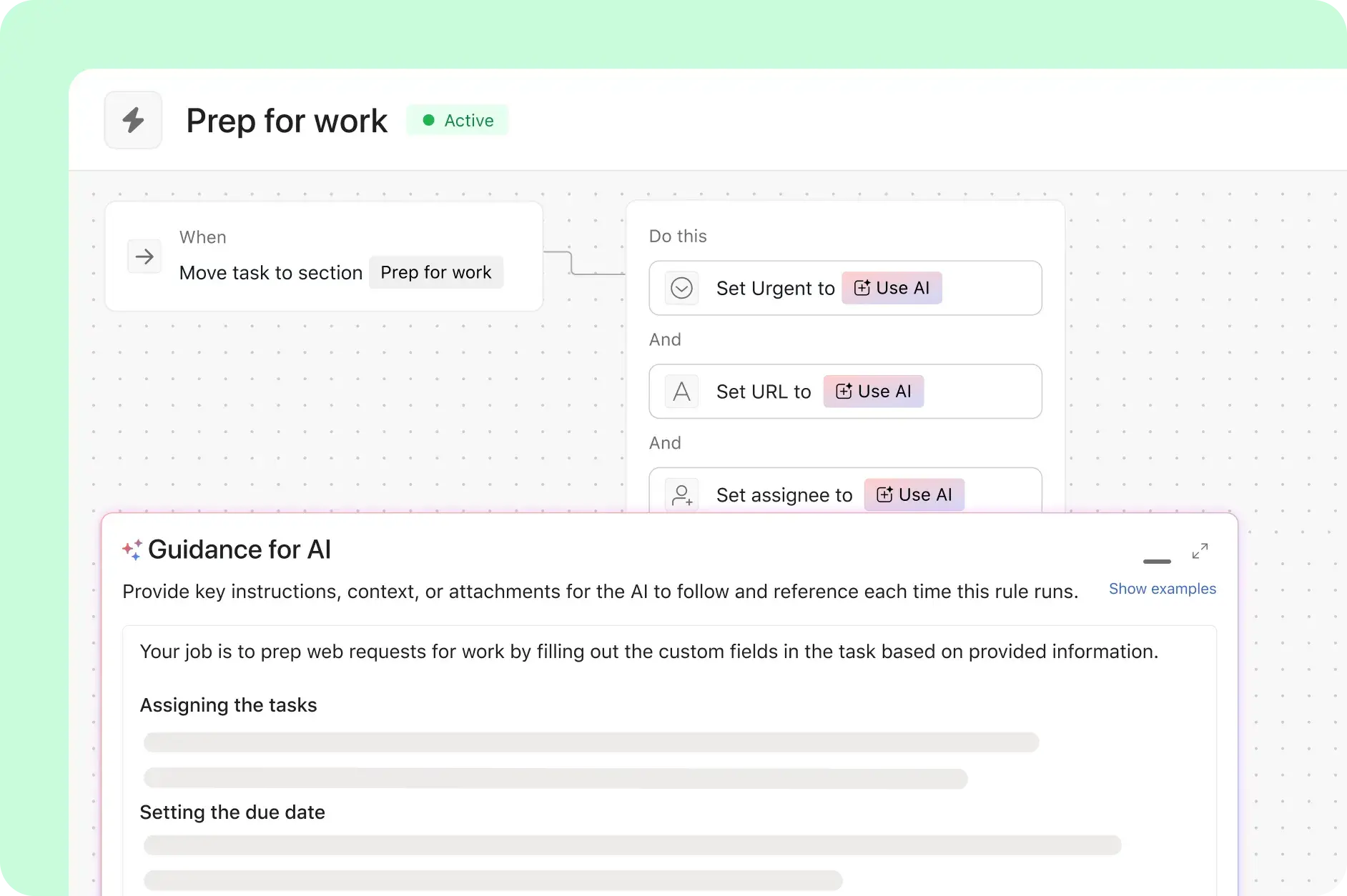 Asana product UI showing how AI Studio preps tasks for work by assigning owners and due dates