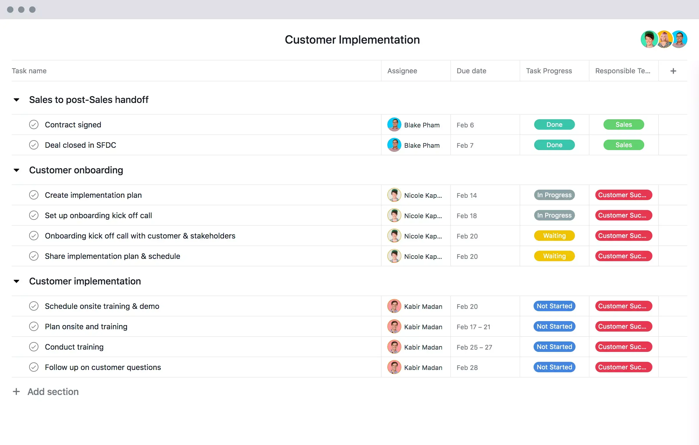 [Vecchia interfaccia utente del prodotto] Modello di implementazione del cliente su Asana, visualizzazione del progetto in stile foglio di calcolo (elenco)