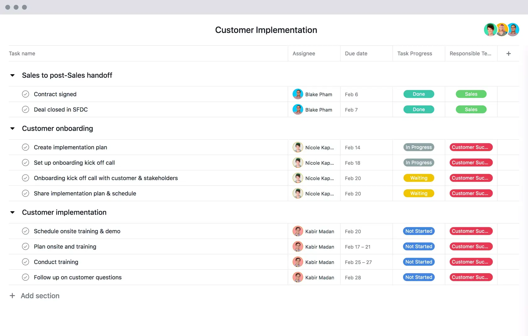 [Old product ui] Customer implementation template in Asana, spreadsheet-style project view (List)