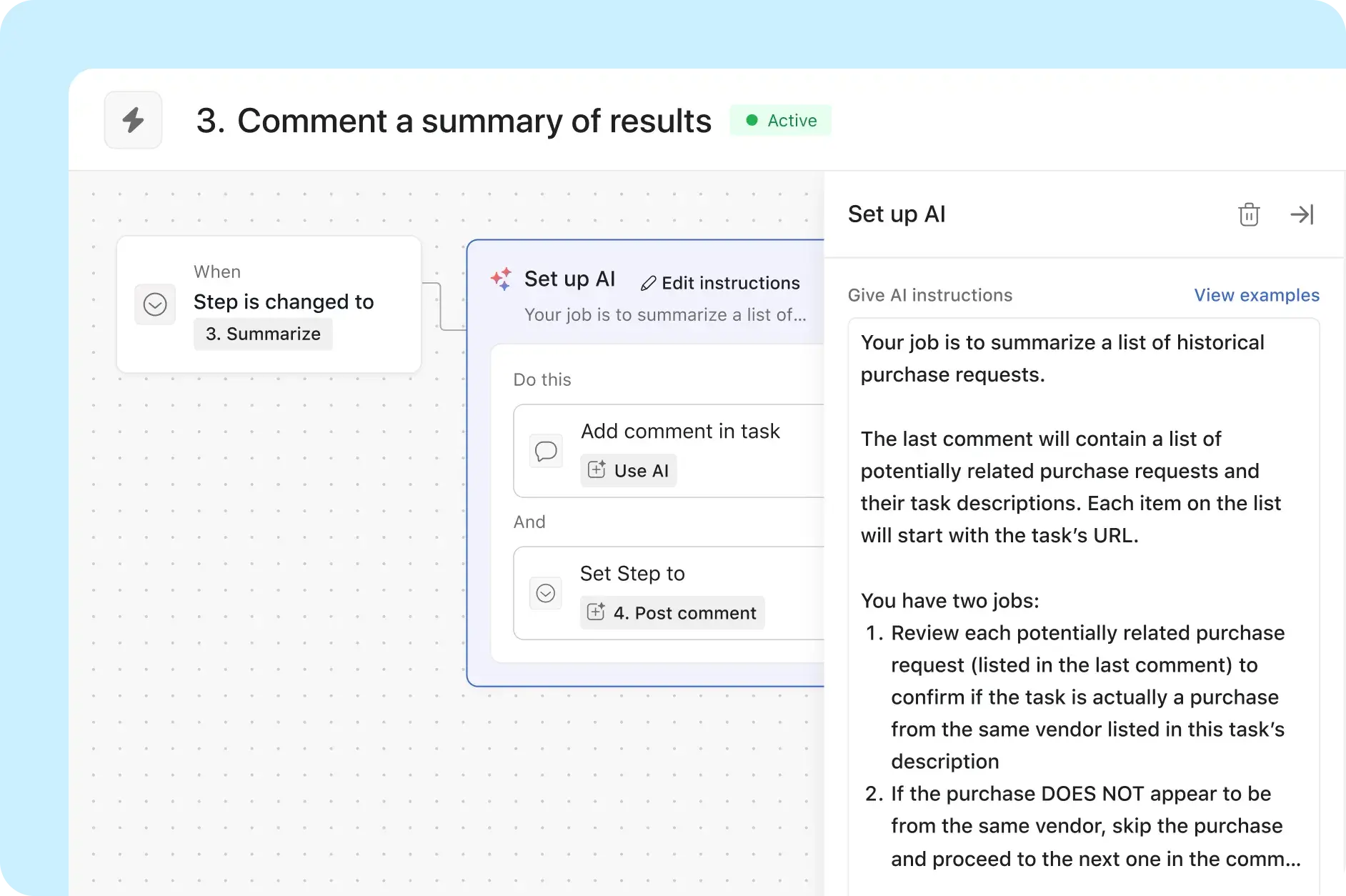 UI showing the third step in the Asana procurement team's workflow using Asana AI to search for relevant historical tasks