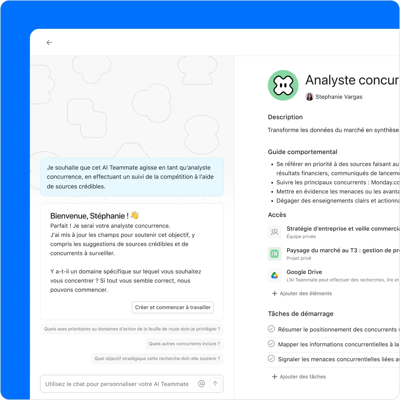 Interface Asana montrant un chat concernant un AI Teammate. L’IA demande quels éléments de travail prendre en compte et suggère d’associer l’équipe Marketing et un modèle de brief. Un panneau latéral affiche les paramètres d’accès du coéquipier.