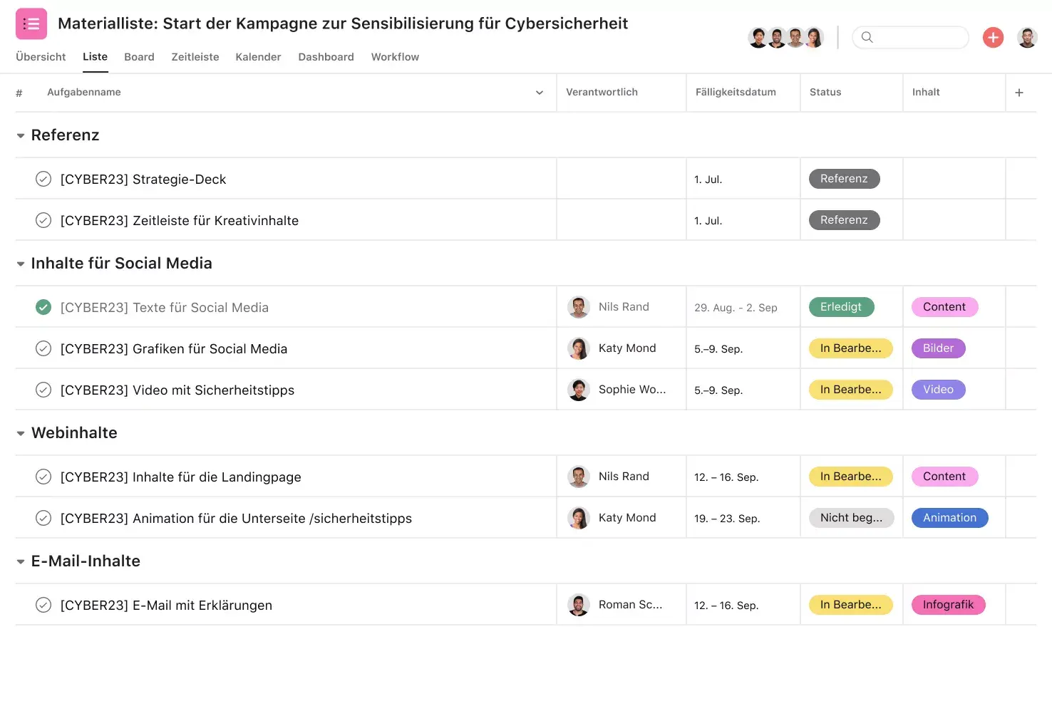 [Product UI] Kreativ-Vorlage für eine Materialliste in Asana, Projektansicht im Tabellenformat (Liste)