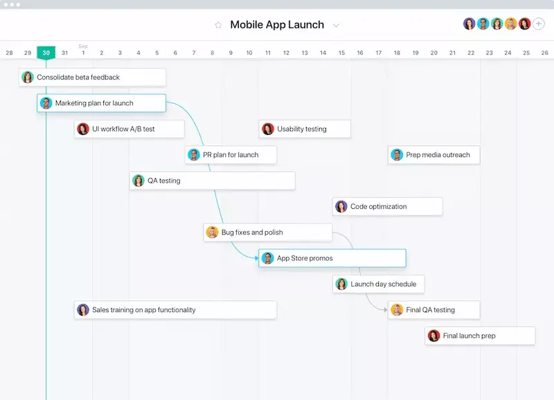 모바일 앱 출시 타임라인의 Asana 제품 UI