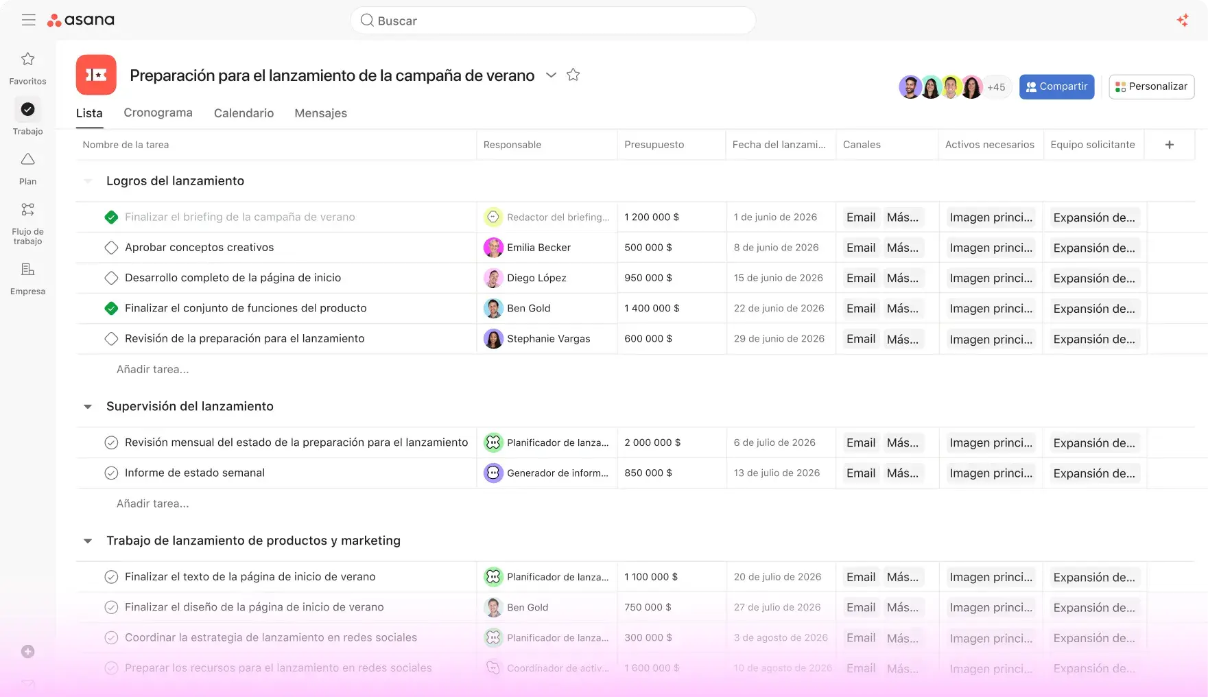 Asana UI displaying a "Summer Campaign Launch Readiness" project list. Sections include milestones and launch monitoring. Tasks are assigned to a mix of human team members and AI agents, such as a "Launch Planner" and "Status Reporter".