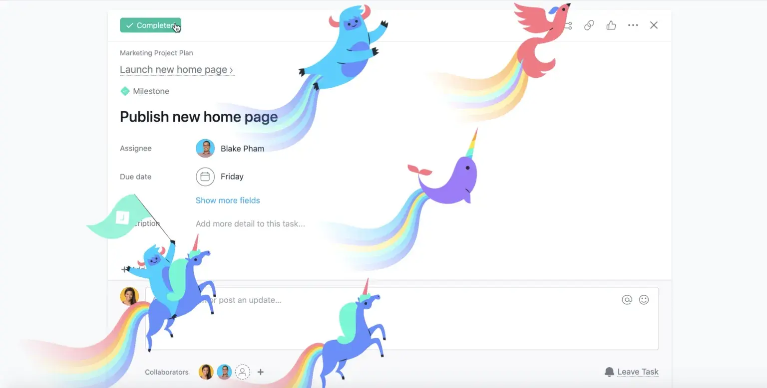 Product UI: Completing a task with Asana Unicorn mascot