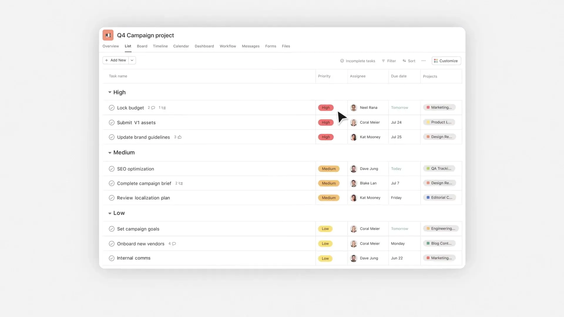 Product UI showing a user assigning priority tags to various tasks in a Q4 Campaign project