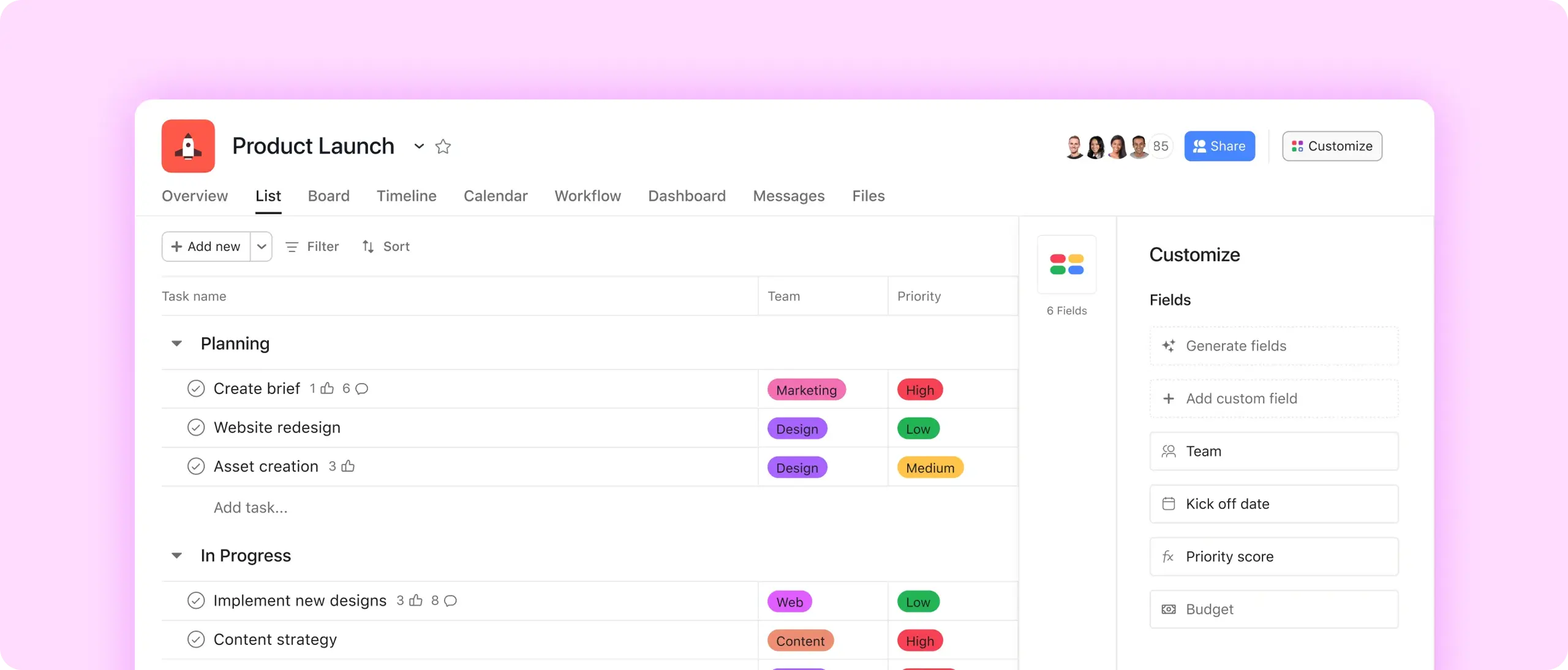 Custom Fields screenshot in Asana