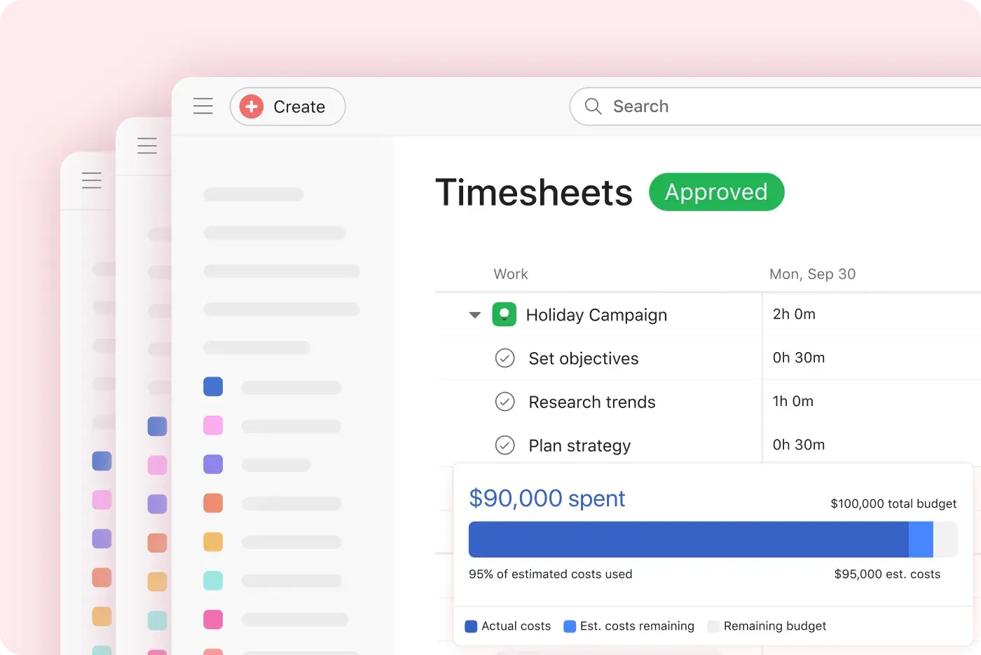 Captura de tela de dashboard para gerenciamento de projetos com uma planilha de horas aprovada para "Campanha de férias". Destaque para monitoramento do tempo das tarefas e módulo de gestão de orçamento, com US$ 90.000 gastos de um total de US$ 100.000.