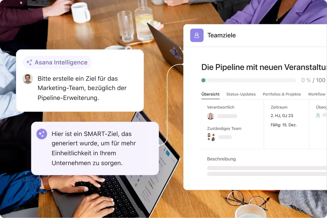 Eine Gruppe von Angestellten arbeitet an Teamzielen: Asana abstrahierte Produkt-UI