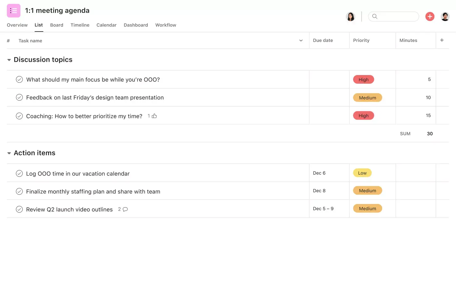 [Interfaccia utente del prodotto] Modello di ordine del giorno di riunione individuale su Asana con argomenti di discussione, azioni da attuare e priorità degli argomenti (vista Elenco)