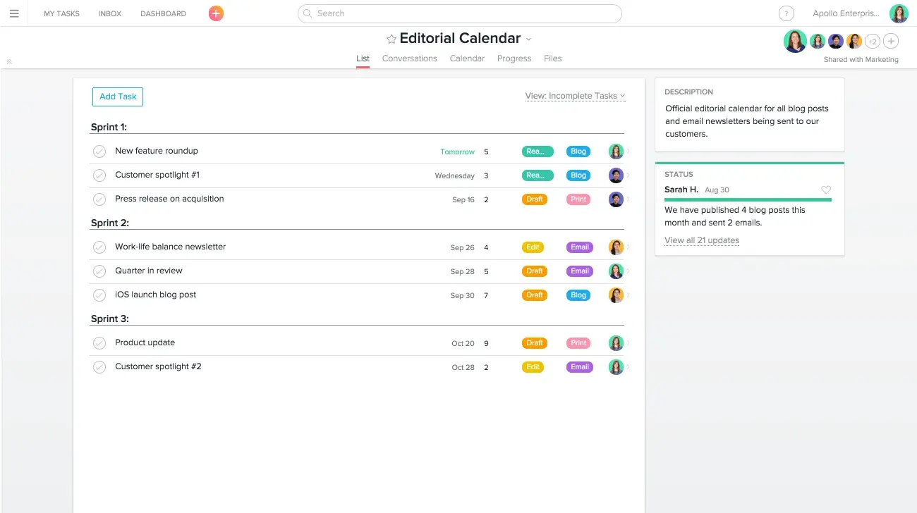 Product UI: Editorial calendar in Asana