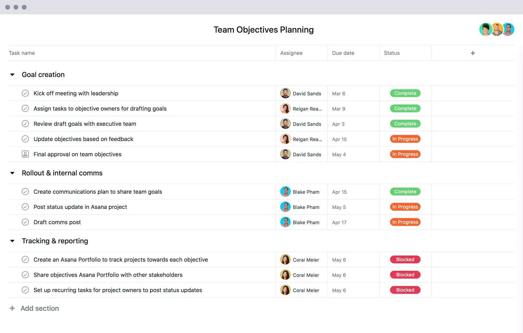 [Old product ui] Team goals and objectives planning example in Asana, spreadsheet-style project view (List)