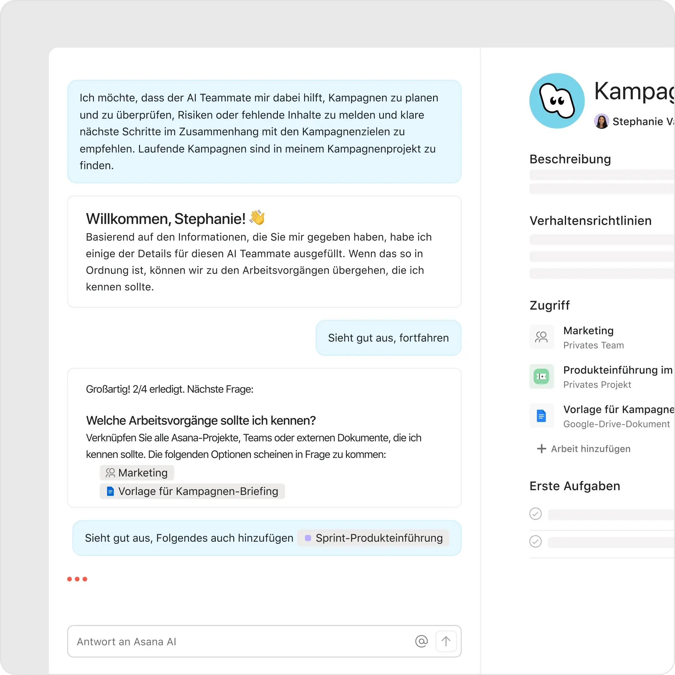 Asana-Oberfläche mit Einrichtungs-Chat für einen AI Teammate. Die KI fragt: „Welche Arbeitsvorgänge sollte ich kennen?“ und schlägt vor, das Marketingteam und eine Kampagnen-Briefing-Vorlage zu verknüpfen. Seitlich werden Zugriffseinstellungen gezeigt.