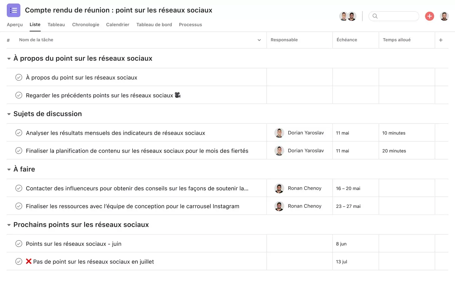 [Interface produit] Projet de compte rendu de réunion sur Asana - liste façon feuille de calcul