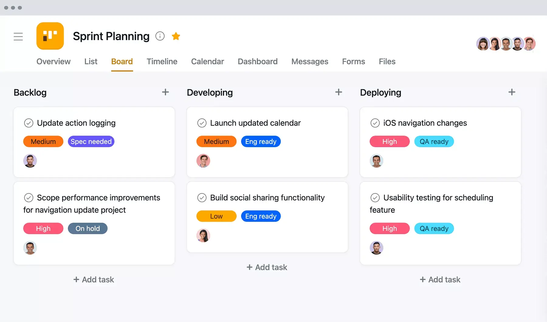 [Vista Bacheca] Bacheca Kanban con uno sprint del team di tecnici per Scrum in Asana