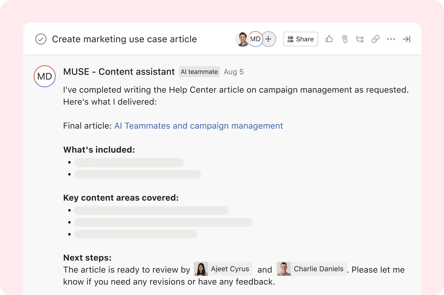 Asana product UI image showing a content assistant AI Teammate sharing its first draft of an article with its human teammates