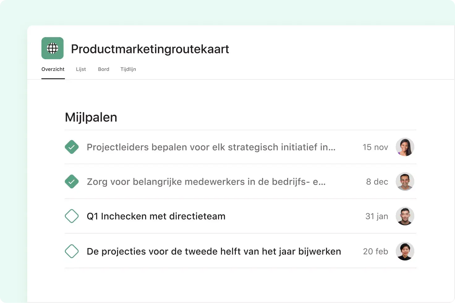 houd projectmijlpalen bij in Asana