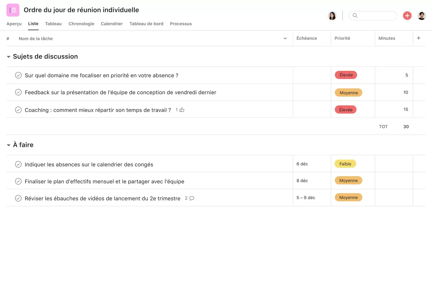 [Interface produit] Ordre du jour d’entretien individuel avec des sujets de discussion, leurs priorités respectives et des actions à traiter (vue Liste)