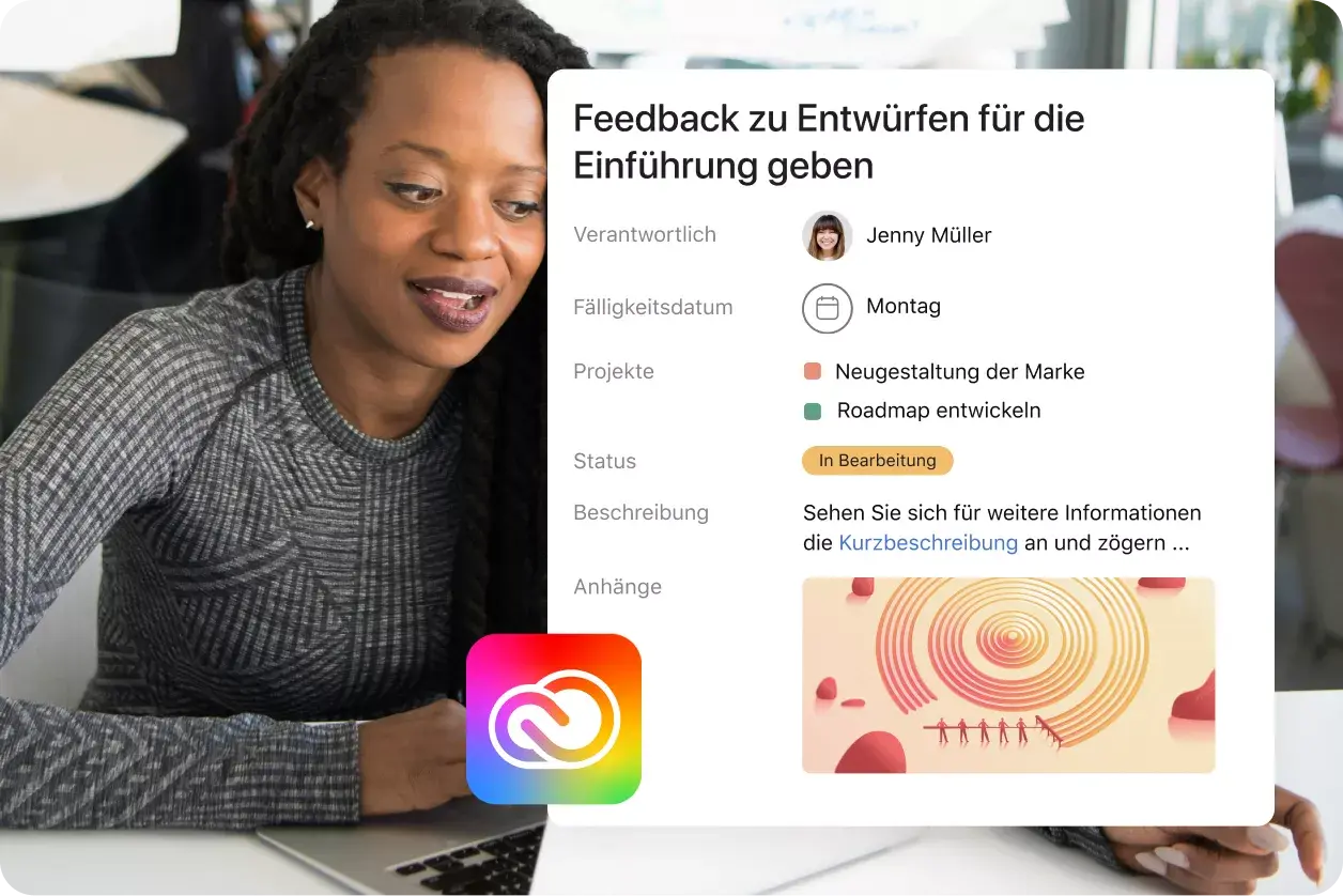 Asana-Produkt-UI für kreative Überarbeitungsaufgaben mit Adobe Creative Cloud-Integration 