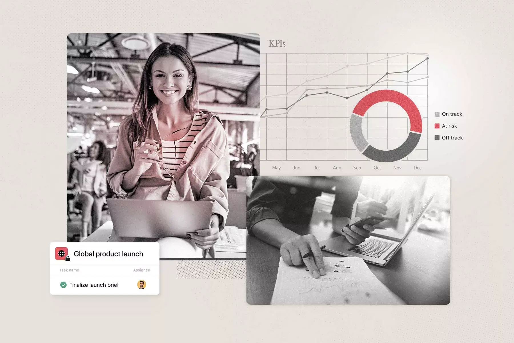 Banner image for an article on product launches. Features a woman in a business setting working on a product launch plan, as well as a chart and graphics detailing success.
