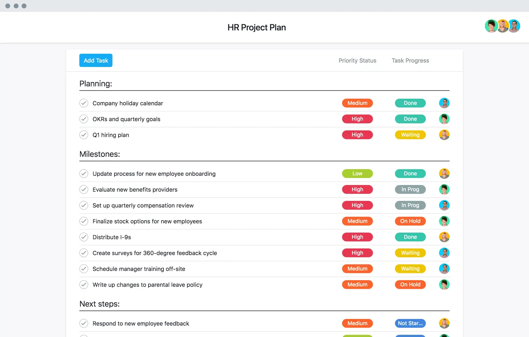 [Gammalt produkt-användargränssnitt] HR-projektplan i Asana, kalkylarksliknande projektvy (lista)