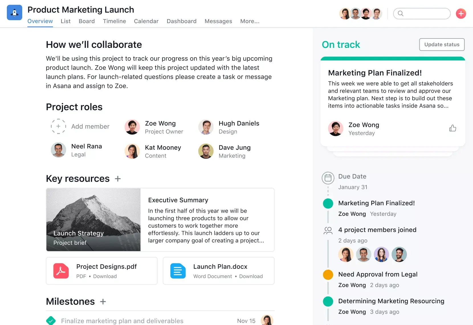 [Product UI] Product marketing launch project overview report in Asana (Project Overview)