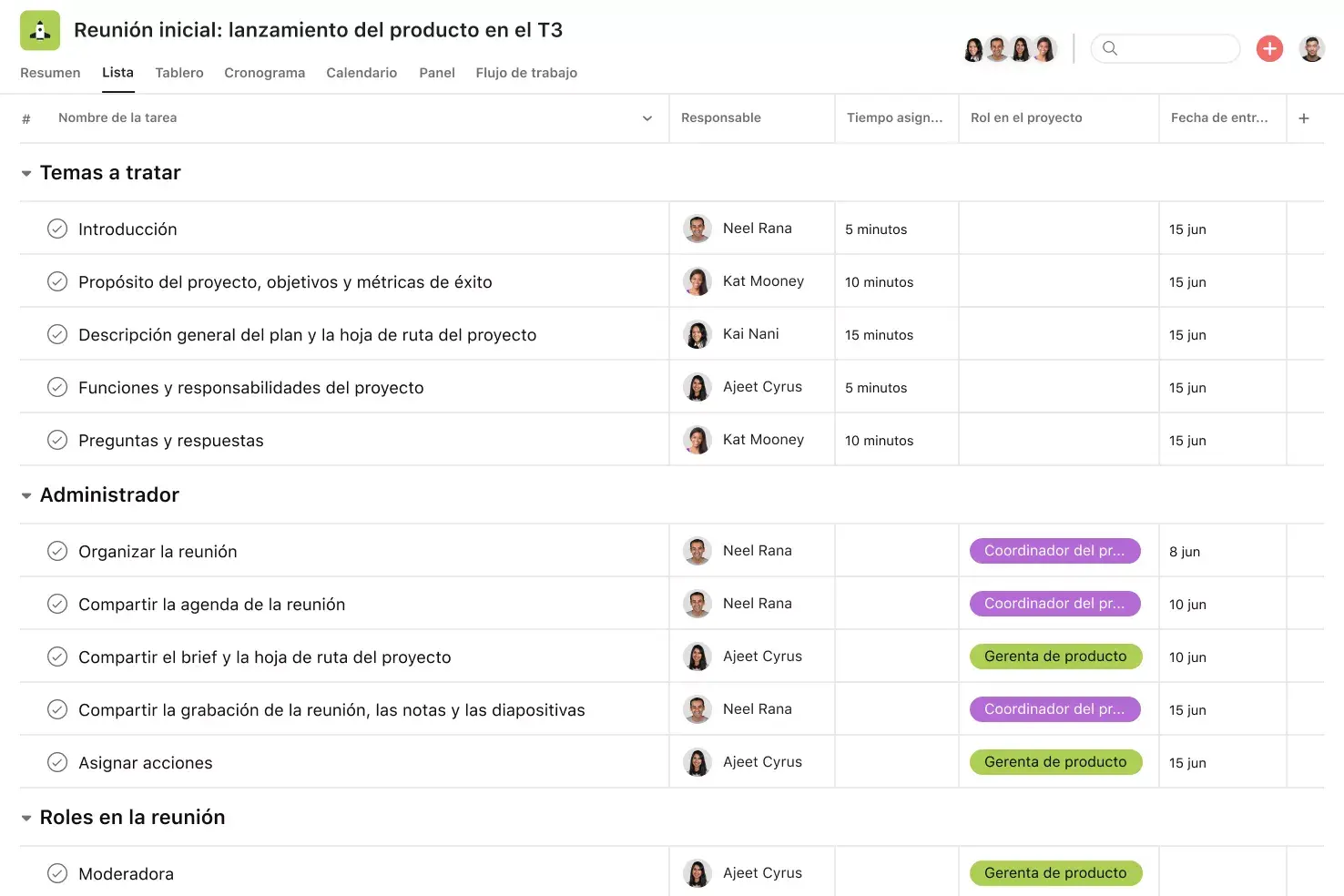 [Interfaz de usuario del producto] Proyecto de reunión inicial en Asana, vista al estilo de una hoja de cálculo (Lista)