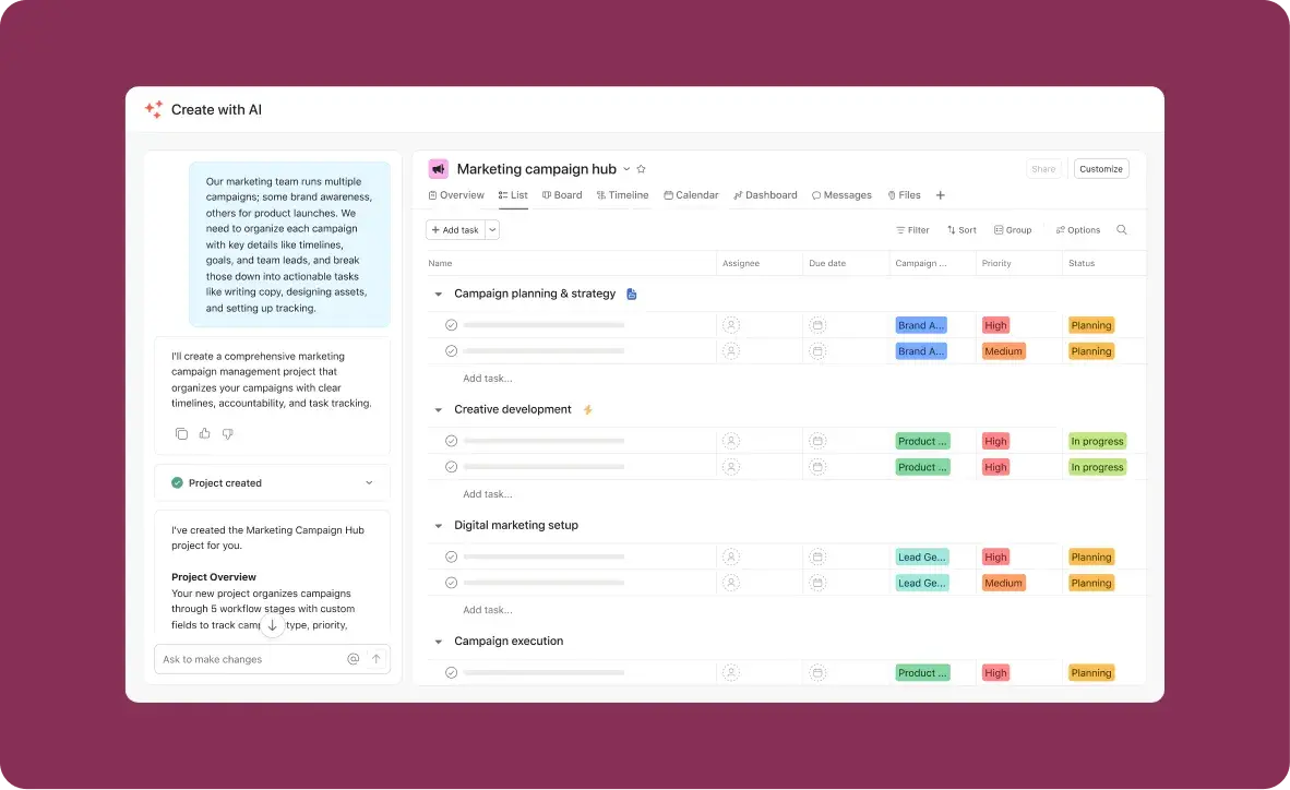 "Build workflows at the speed of type" interface. This graphic highlights Asana's AI feature that turns simple text prompts into project workflows instantly.