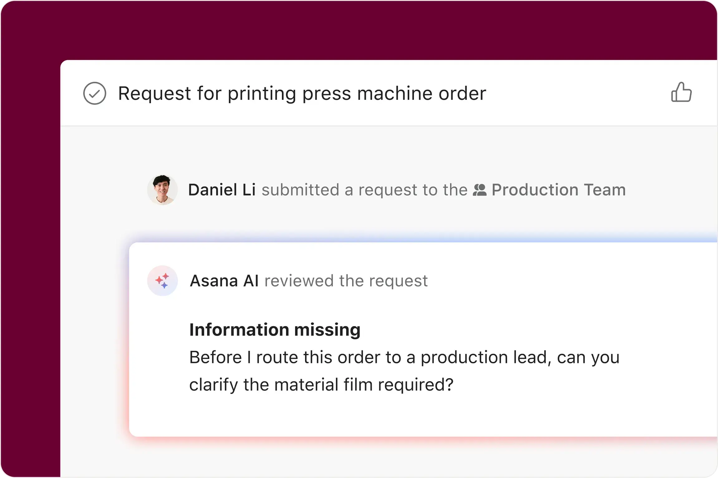 Semplificazione delle richieste, interfaccia utente del prodotto Asana 