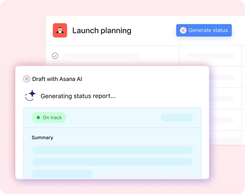 Product UI showing Asana AI generating a status report for an existing project