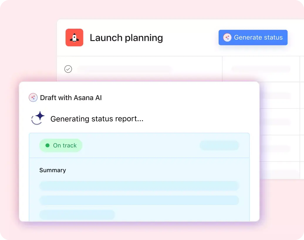 Interfaccia utente del prodotto che mostra l’IA di Asana generare un rapporto sullo stato di un progetto esistente