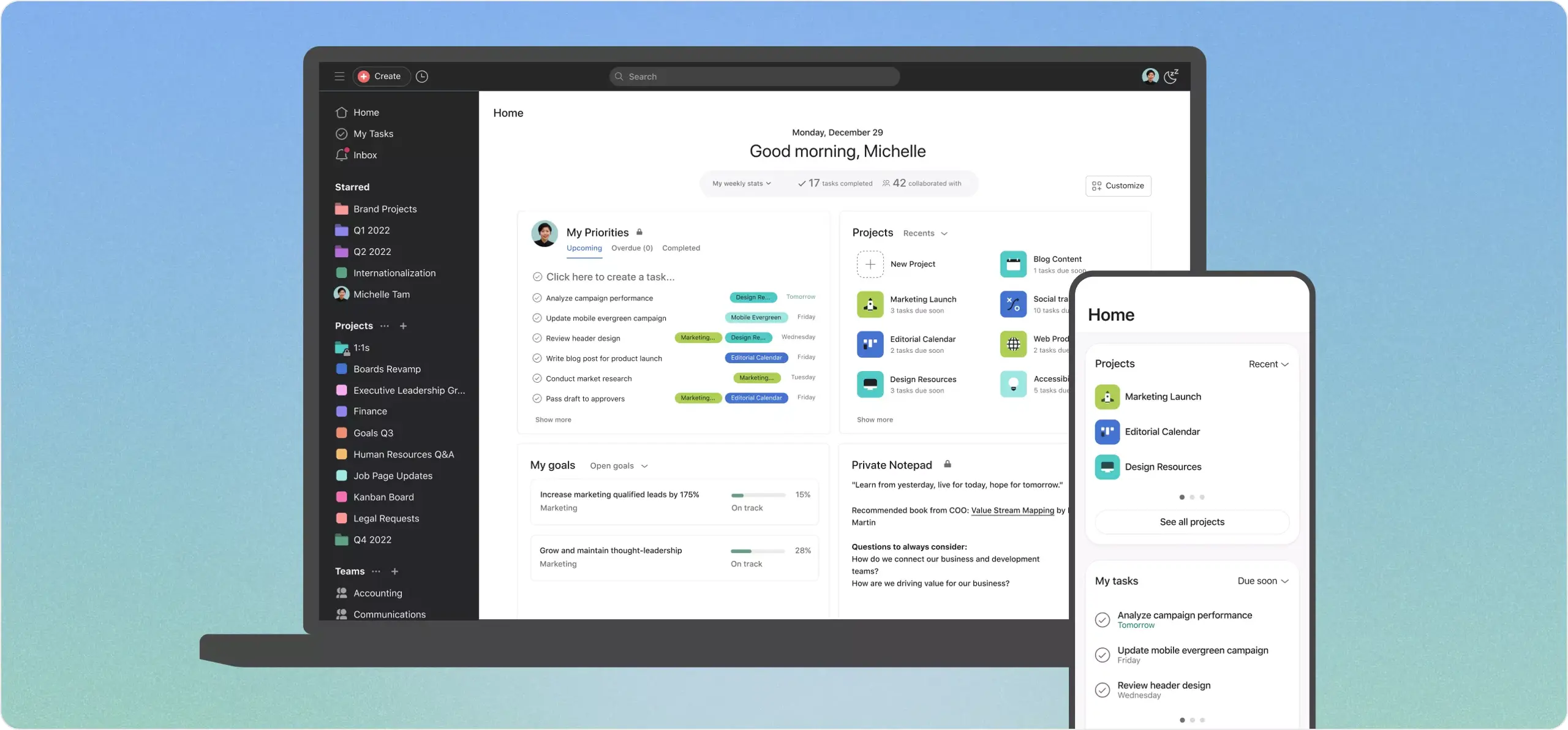 Die mobile App und Desktop-App von Asana