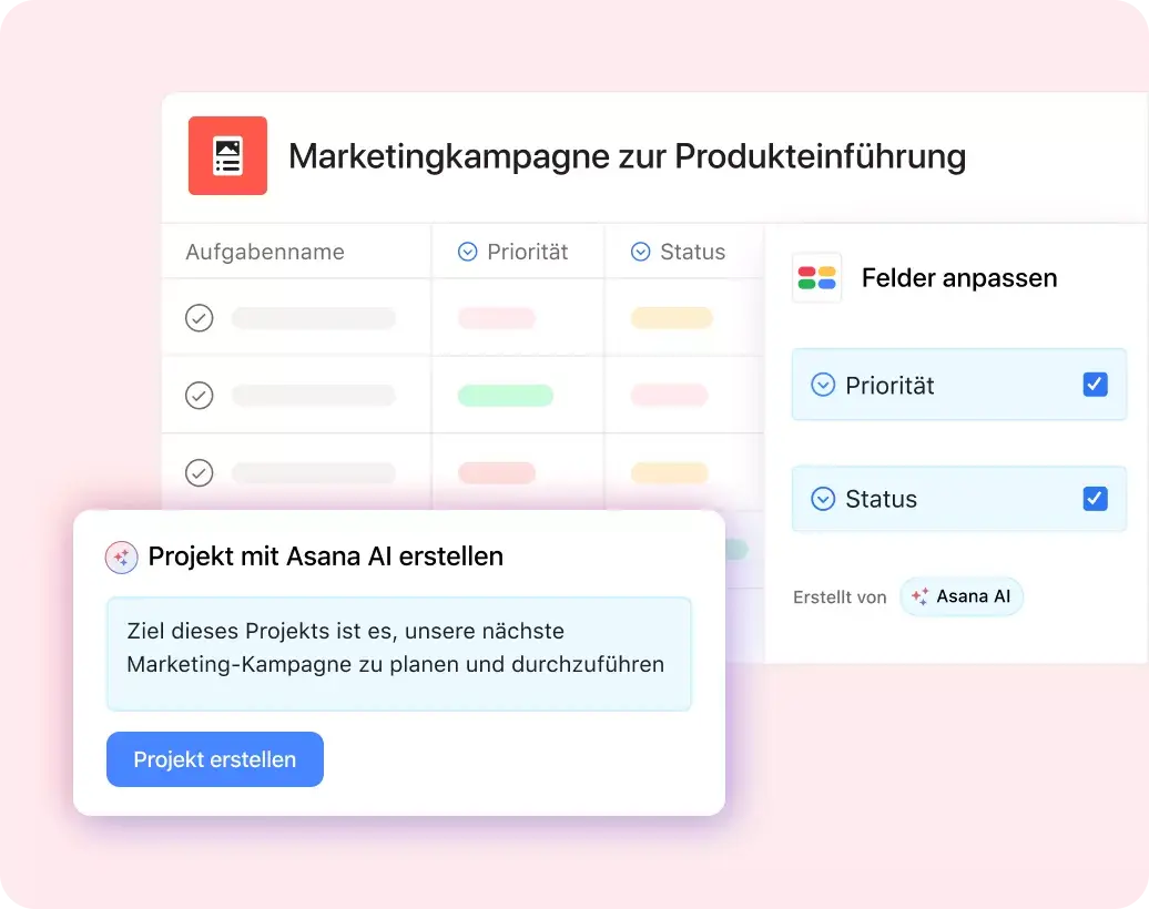 Die Produkt-UI zeigt, wie die Asana-KI ein neues Projekt erstellt, das auf der Eingabeaufforderung „Ziel des Projekts ist es, unsere nächste Marketing-Kampagne zu planen und durchzuführen“ basiert