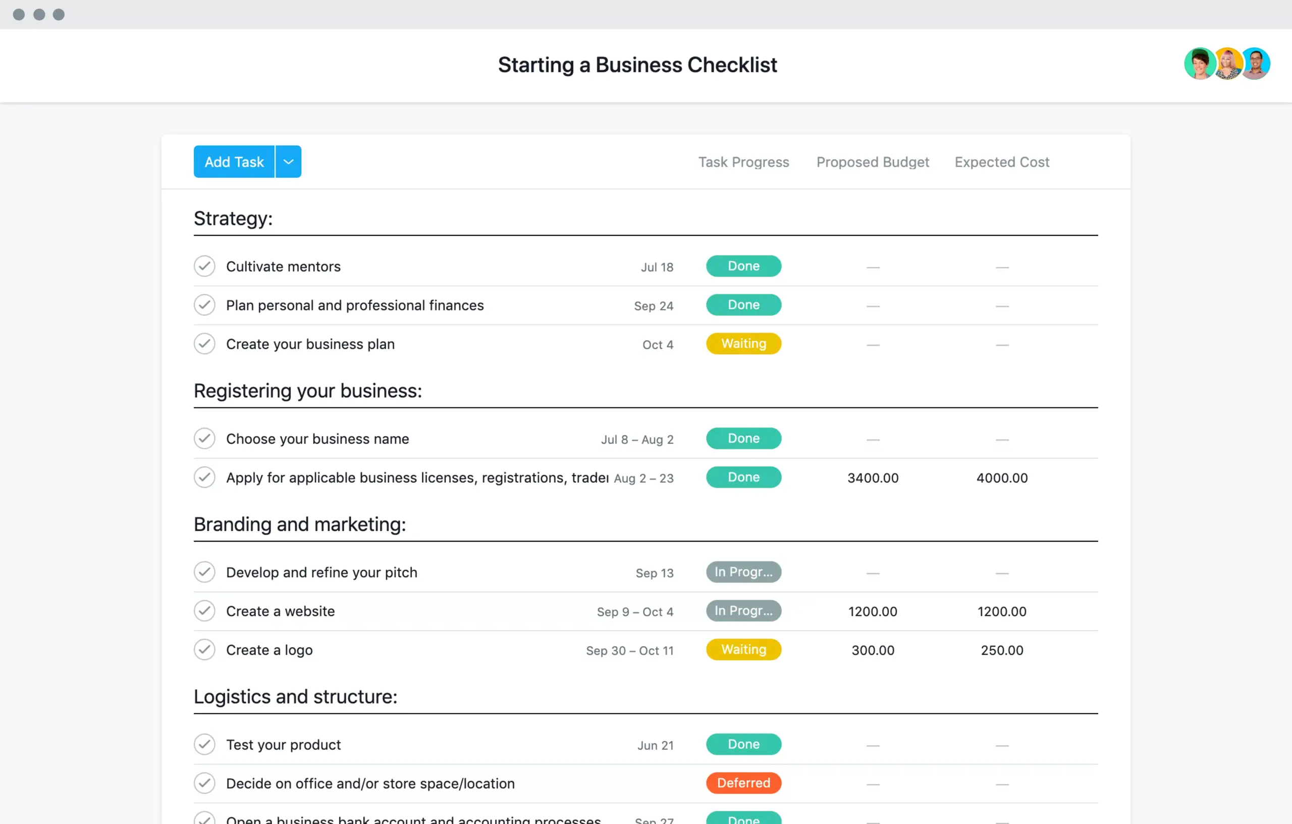 [Old product ui] Starting a business checklist template in Asana, spreadsheet-style project view (List)