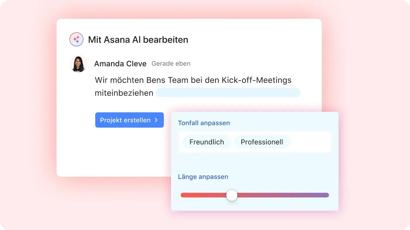 Die Produkt-UI zeigt einen Nutzer, der Asana AI verwendet, um den Tonfall und die Länge einer Nachricht in Asana anzupassen