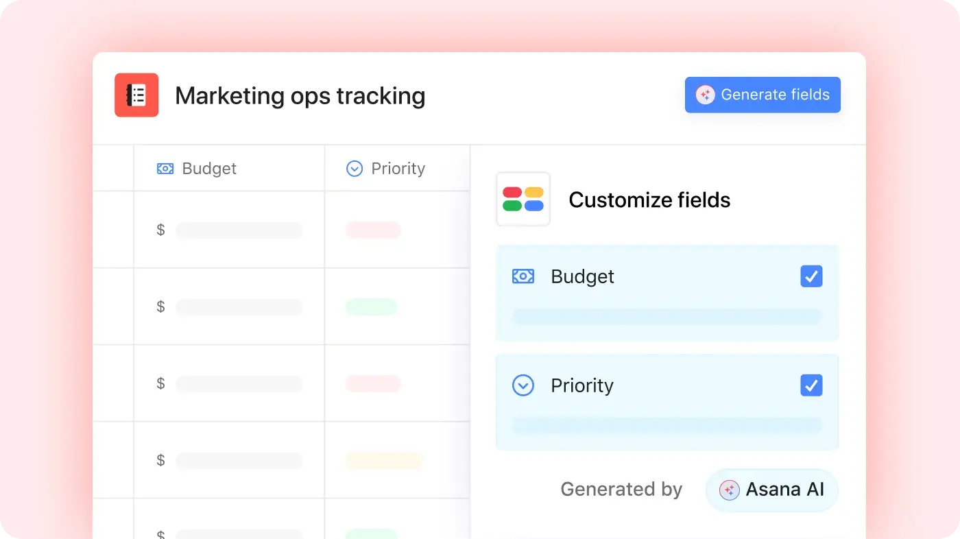 Product UI of Asana AI creating custom budget and priority fields for a new Marketing ops tracking project based on available project information