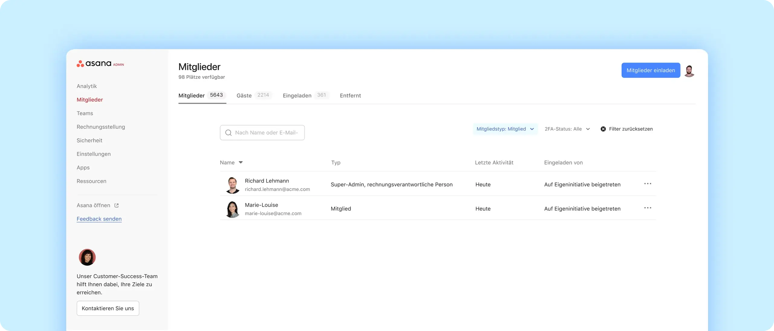 Admin console screenshot of members screen