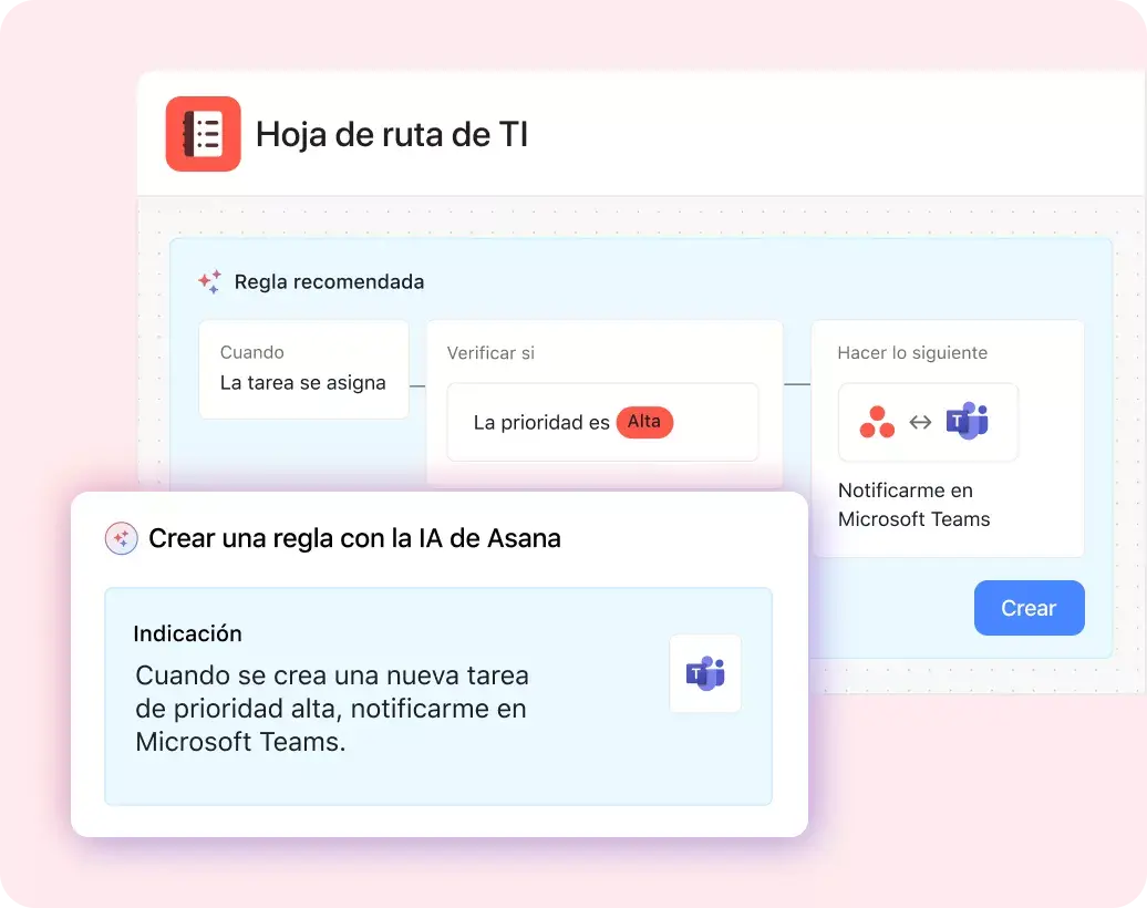 Interfaz de usuario del producto donde se muestra a la IA de Asana brindando recomendaciones para crear una regla en un proyecto basada en la indicación “Cuando se crea una nueva tarea de prioridad alta, enviarme una notificación en Microsoft Teams”. 