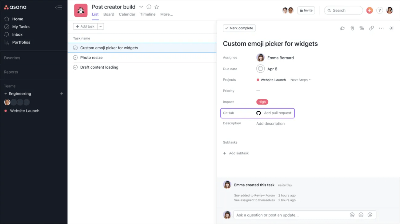 Github field on task