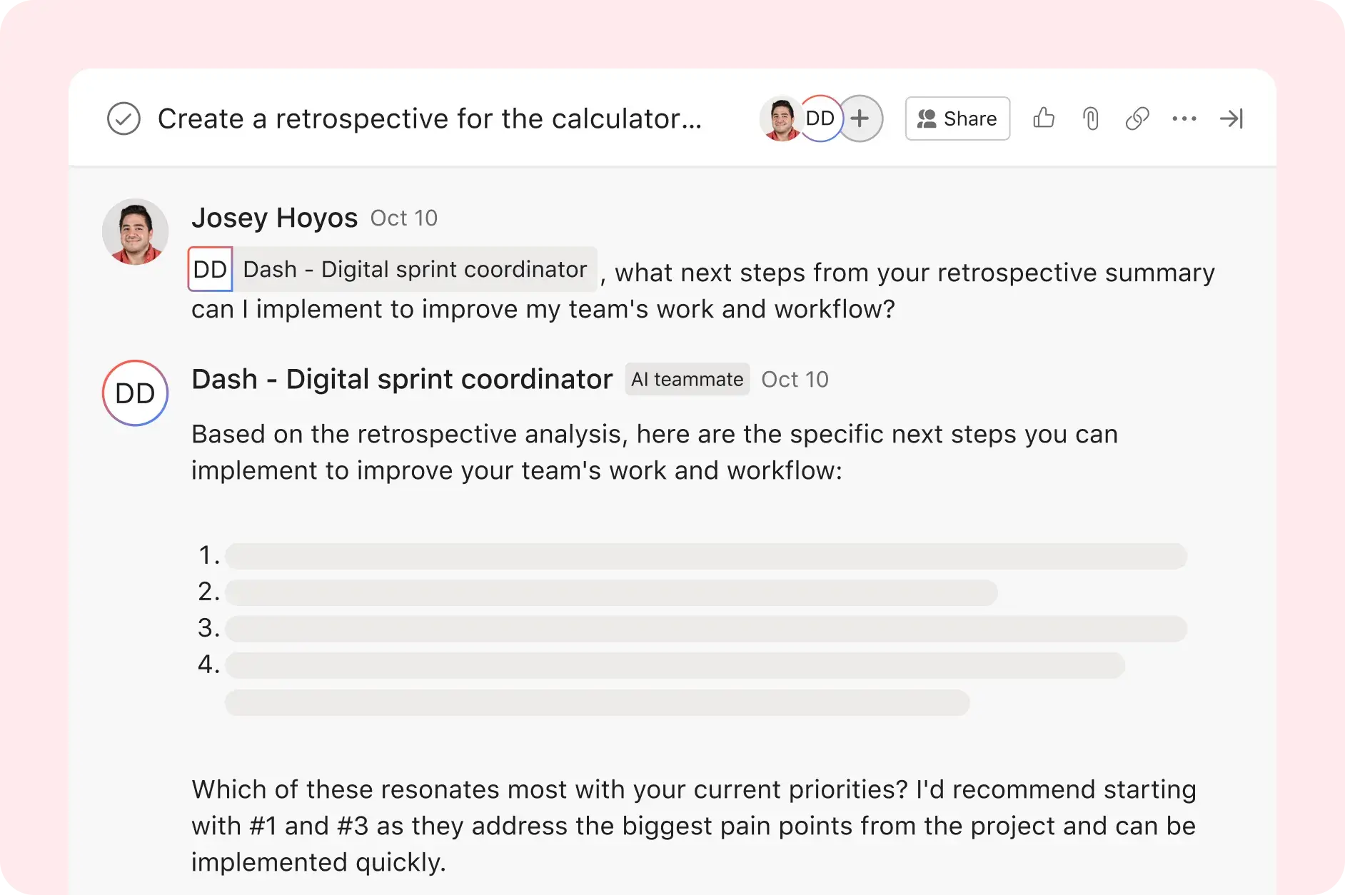 Asana product UI image showing a human teammate collaborating with a digital sprint coordinator AI Teammate on project retrospective recommendations