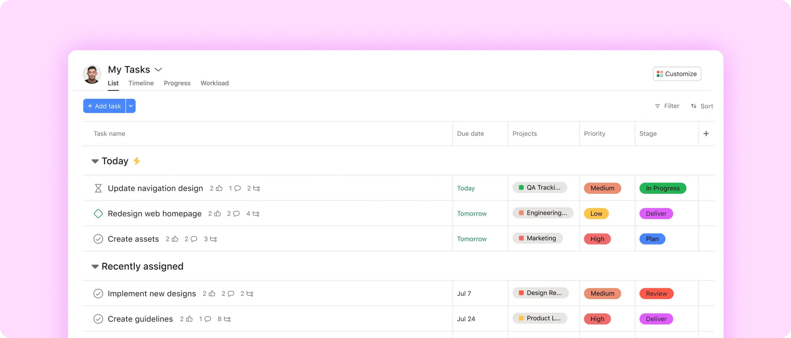 My tasks screenshot in Asana