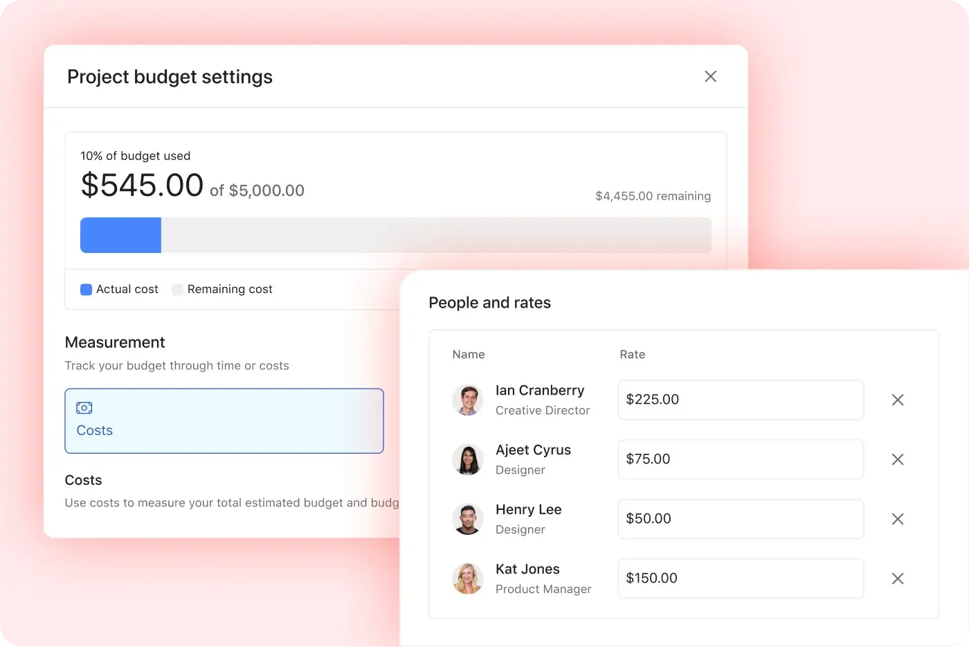 Product UI showing total project budget spend and remaining based on reported hours across all people who are supporting the project and their associated rates. 
