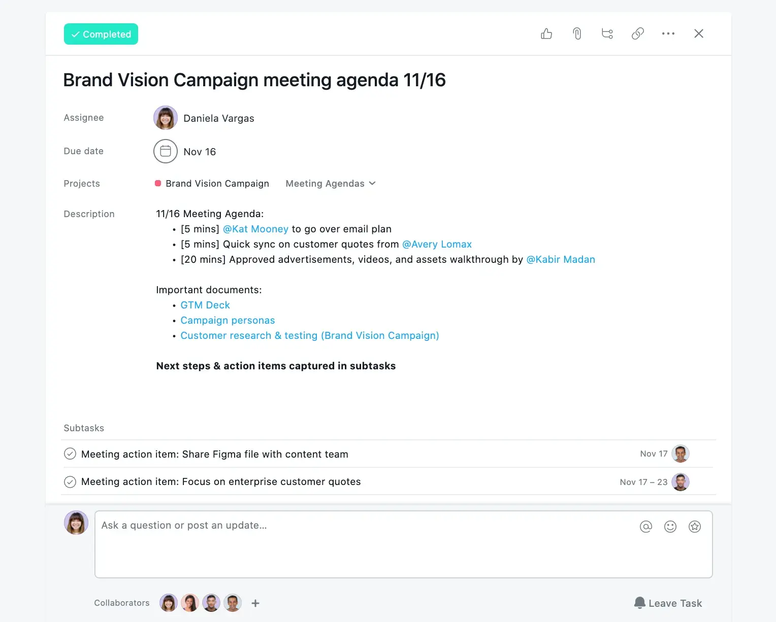 Product UI: Run meetings with subtasks in Asana